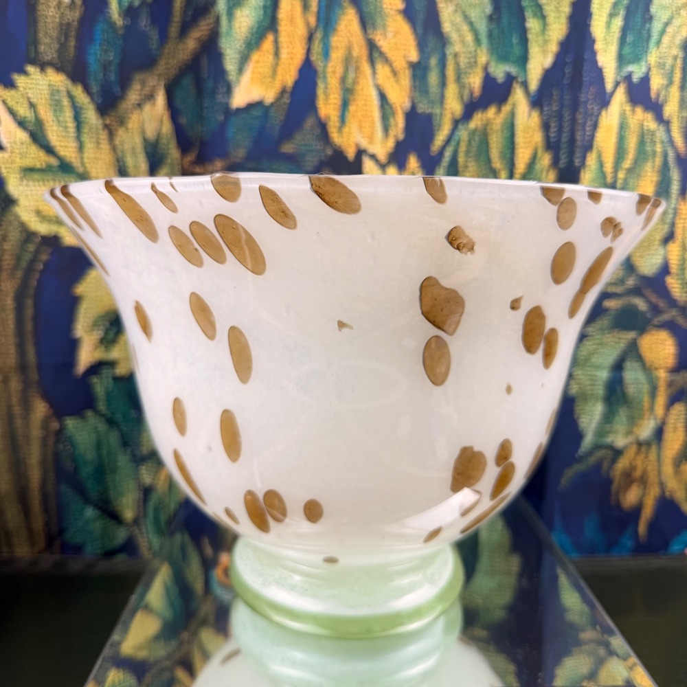 Hand Blown Glass Tortoise Spot Pedestal Bowl White Amber Green Art Glass 11.5"